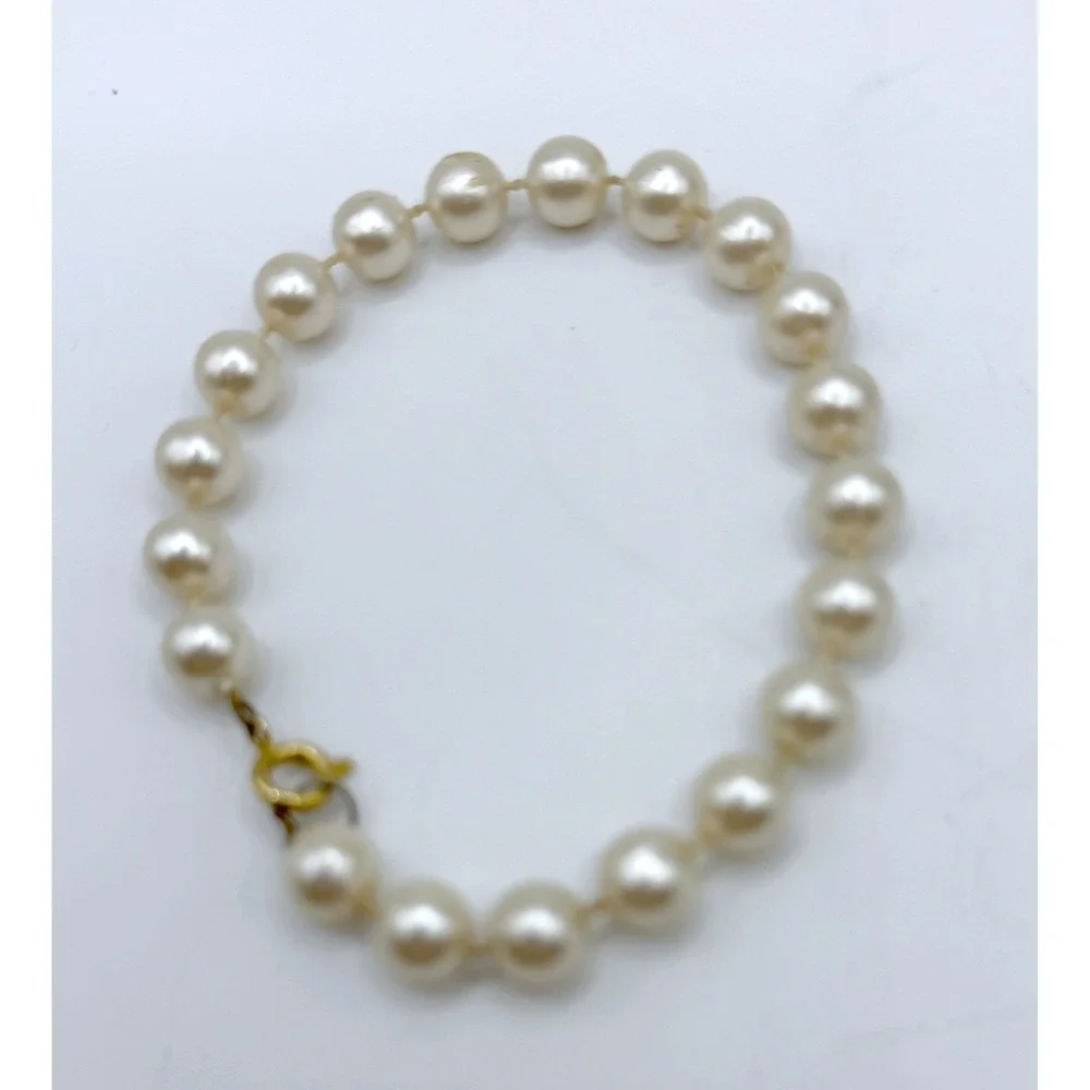 Vintage‎ Style Cream Faux Pearl Bracelet 8" Hand Knotted Gold Tone Clasp_3